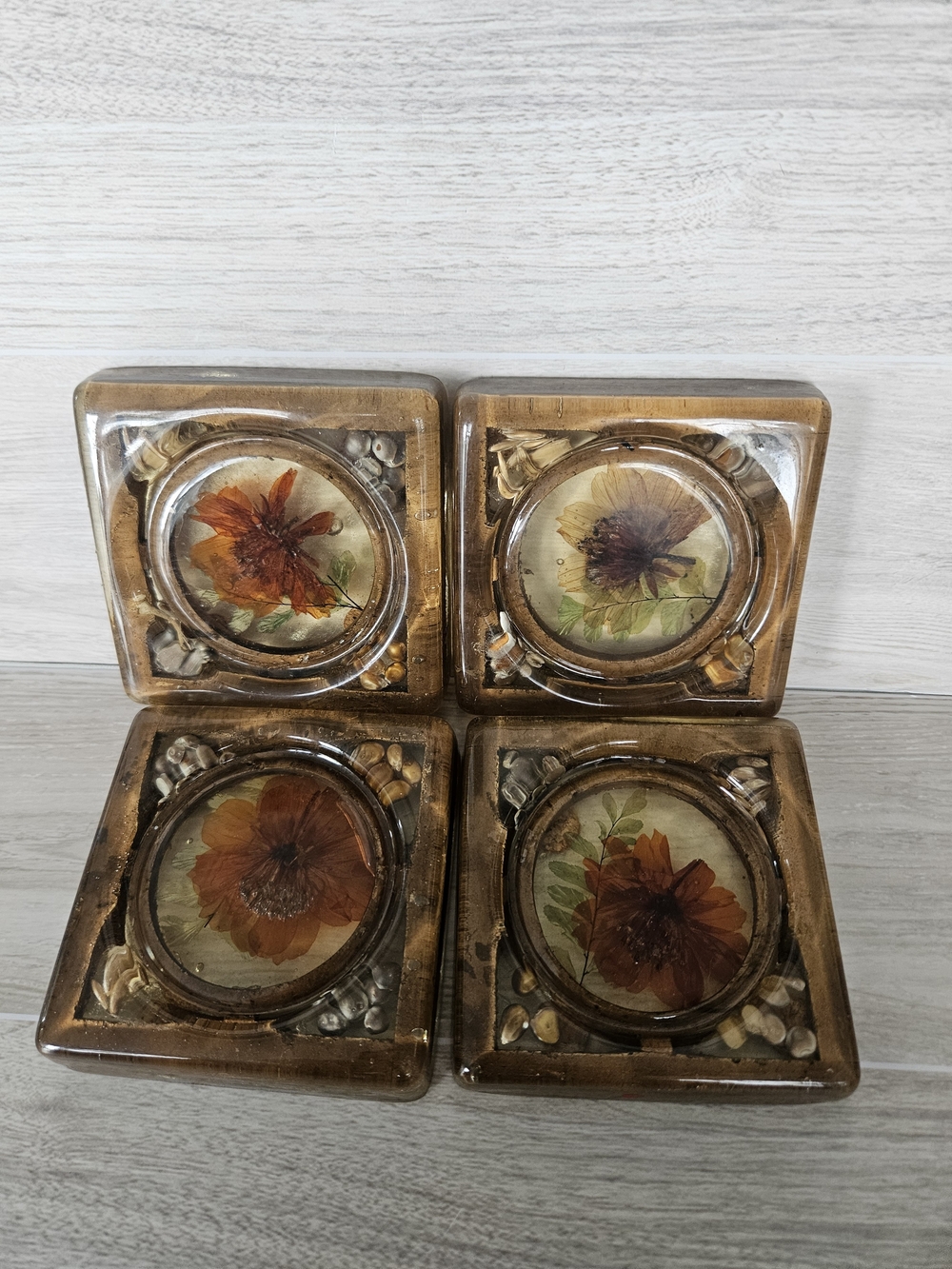Set of 4 Floral Resin Coasters in Amber and Brown Vintage